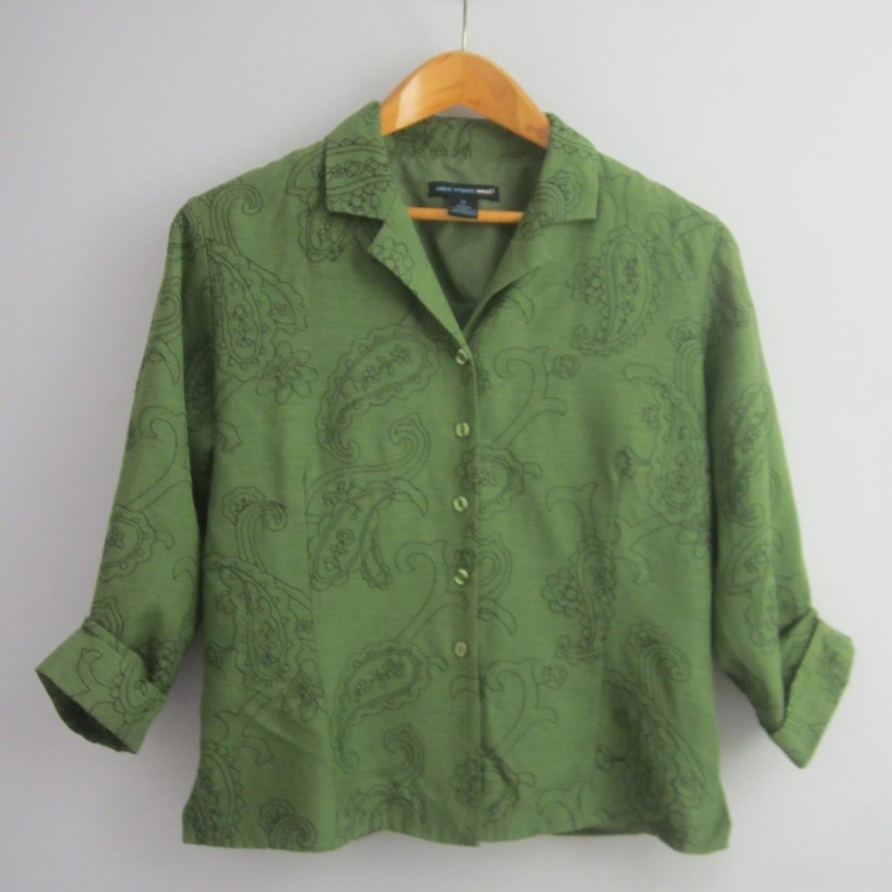 St. Tropez West Womens M Green Paisley 3/4 Sleeve Lined Silk Tunic Kimono Shirt